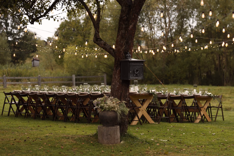 Long outdoor dinner table set beneath strings of cafe lights at dusk