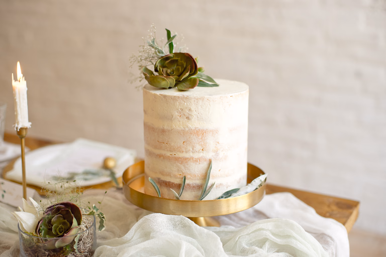 Single tier naked wedding cake trimmed with succulents on a gold stand